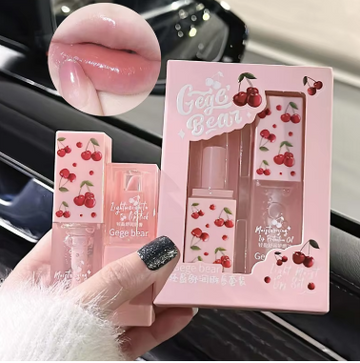 Cherry Hydrating Lip Balm and Lip Oil Set Gege Bear Light Moisturizing Soothing and Tender Lips for Winter Use