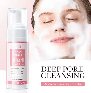 SADOER 4 in 1 Facial Mousse Face Wash Foam Facial Cleanser Moisturizing Brightening Hydrating Face Cleansing Skin Care Products