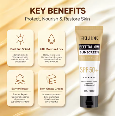 Beef Tallow Sunblock SPF 50 All-in-One Nourishing Body Protection Cream UV Shield Moisturizing Nourishing Sun Block Cream