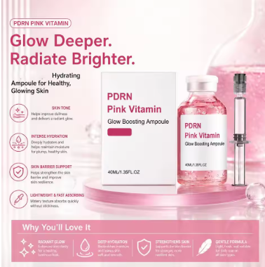 PDRN Pink Vitamin Face SerumGlow Boosting Ampoule,Brightening Hydrating, Soothes Dry Skin,Evens Tone for Radiant Skin Care 40ml