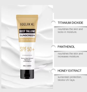 Beef Tallow Sunblock SPF 50 All-in-One Nourishing Body Protection Cream UV Shield Moisturizing Nourishing Sun Block Cream